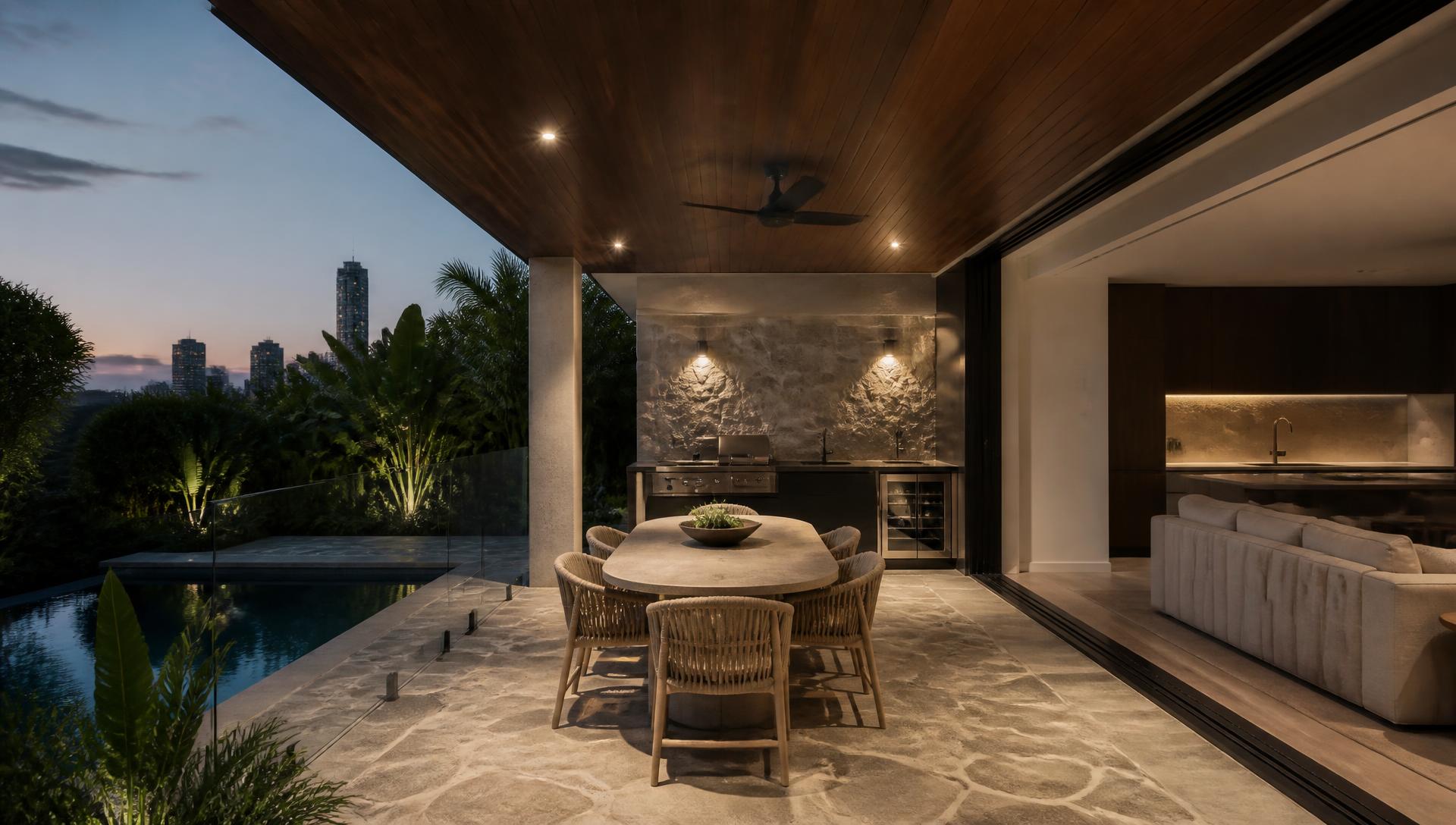 Architectural outdoor living area of a renovated Brisbane home at dusk